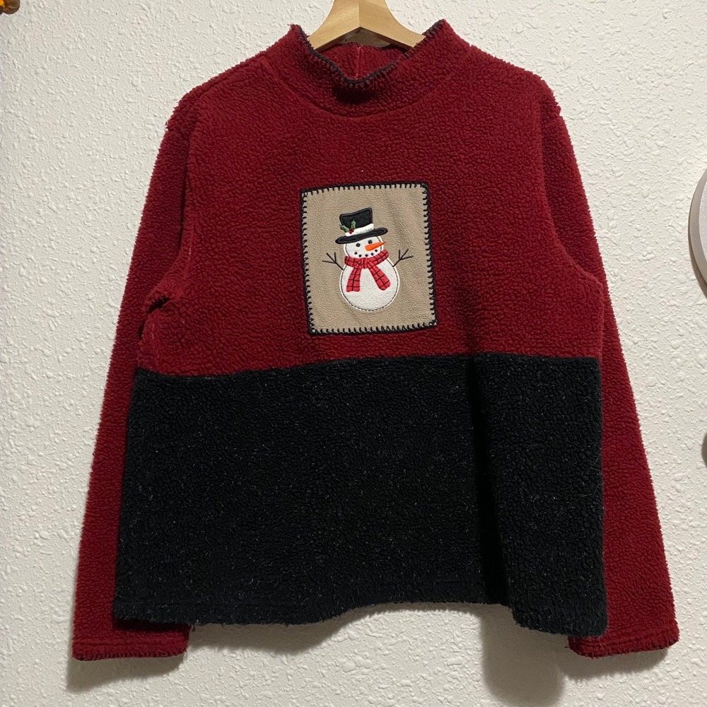 C&B Sport Women's Fleece Pullover Snowman Holiday Red‎ Black L vintage